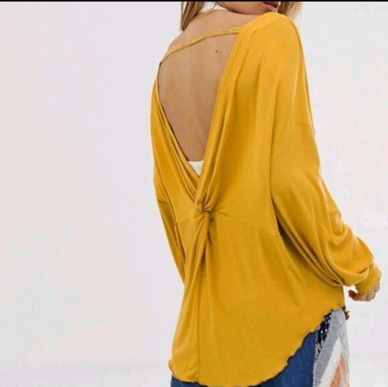 $78 Free People Mustard Shimmy Shake Ribbed Vback Long Sleeve Top S NWT